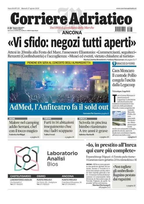 Prima-pagina-corriere adriatico-edizione-di-oggi-27-08-2024